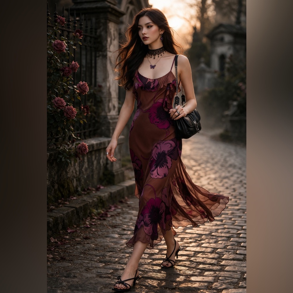 Betsey Johnson Brown Dress with Purple Floral Print Asymmetrical